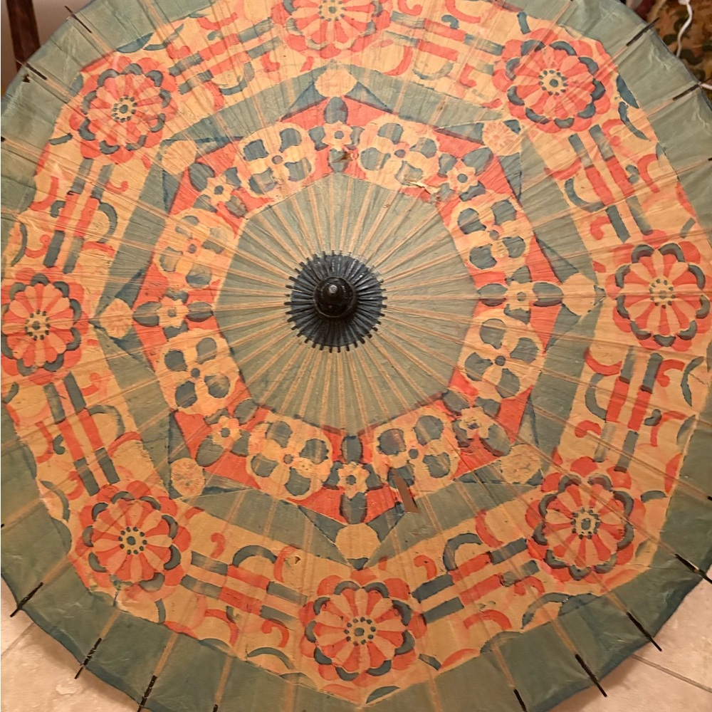 Vintage antique  Floral paper parasol umbrella 24” wooden handle